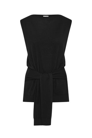 Fine Merino Tie Waist Top in Black