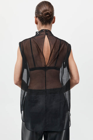 Sheer Silk Leather Trim Top in Black