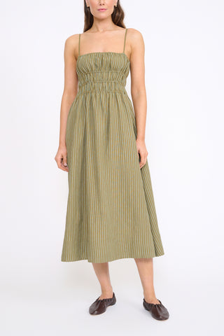 staud olive green dress Ayla Linen Dress in Porto Stripe