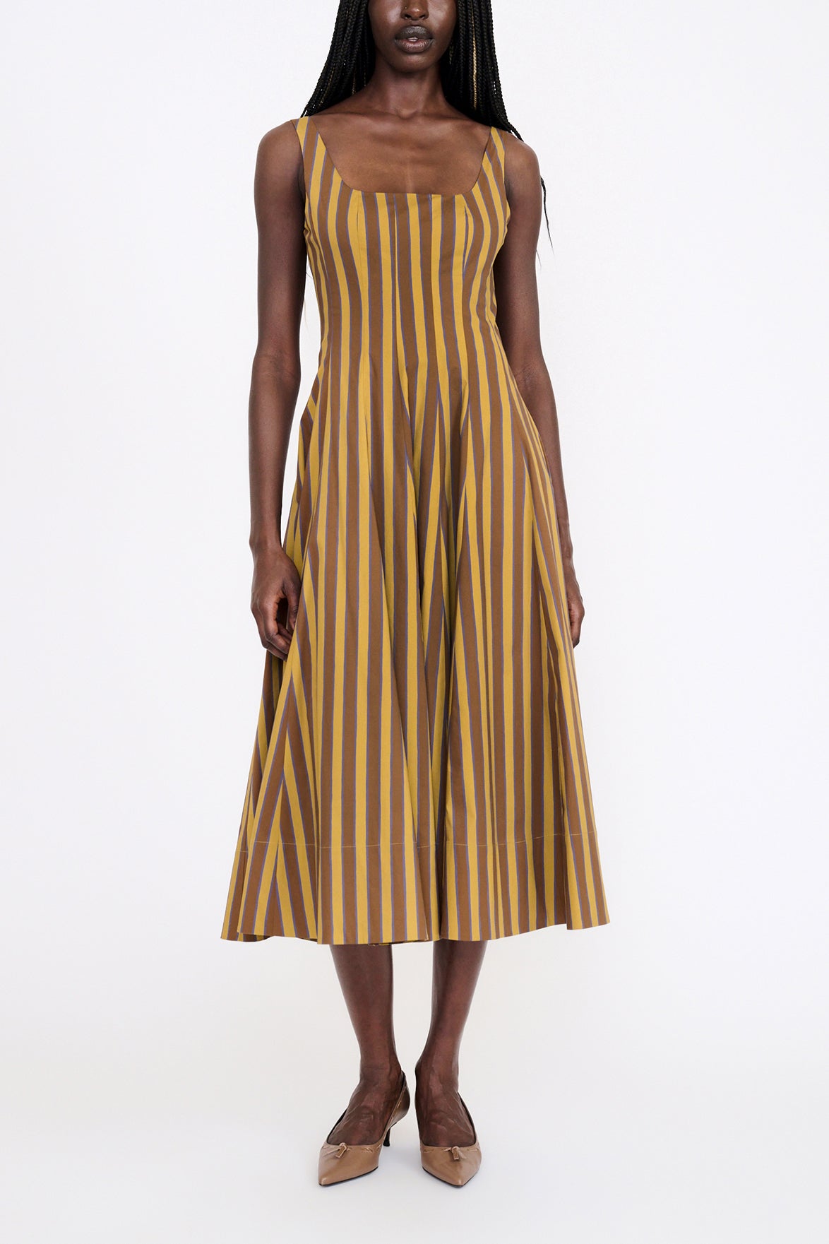 STAUD Wells Striped Poplin Midi Dress, Cigar Stri, Women's, 0