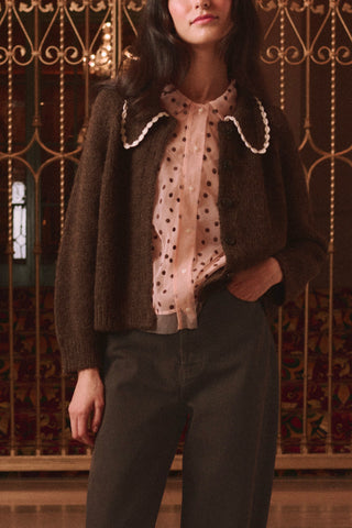 Crochet Collar Cardigan in Chocolate Brown