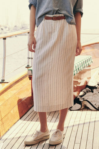 Pleated Column Skirt in Cream Pinstripe