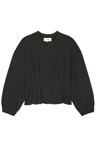 The Great Slouchy Corset Sweatshirt in True Black, a premium 100% cotton fleece featuring a unique cinched corset waist and pleated blouson sleeves. This designer pullover blends a relaxed, oversized fit with feminine structure, making it a sophisticated alternative to the standard black hoodie.