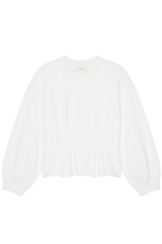 The Great Slouchy Corset Sweatshirt in True White, a premium 100% cotton fleece featuring a unique cinched corset waist and pleated blouson sleeves. This designer pullover blends a relaxed, oversized fit with feminine structure, making it a sophisticated alternative to the standard black hoodie.