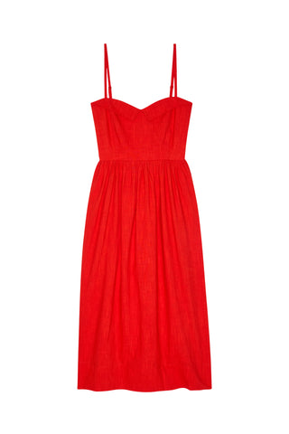 The Great Verse Dress in Hot Red, a sophisticated midi-length sundress featuring a flattering sweetheart neckline and delicate spaghetti straps. This versatile 100% cotton dress offers a timeless, feminine silhouette that transitions seamlessly from elevated daytime events to chic evening gatherings.