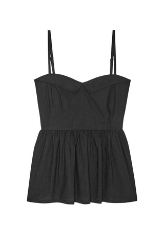 The Great Verse Top in Black, a feminine cotton blouse featuring a flattering sweetheart neckline, delicate adjustable straps, and a cinched bodice. This versatile black camisole top offers a sophisticated, romantic silhouette that pairs perfectly with high-waisted denim or the matching Verse skirt.