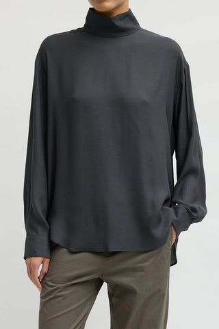 Feather Weight Eco Crepe Funnel Neck Shirt in Dark Grey