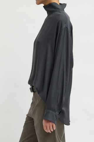 Feather Weight Eco Crepe Funnel Neck Shirt in Dark Grey