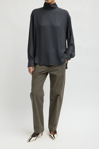 Feather Weight Eco Crepe Funnel Neck Shirt in Dark Grey