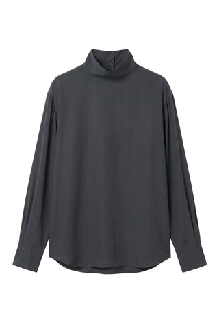 Feather Weight Eco Crepe Funnel Neck Shirt in Dark Grey