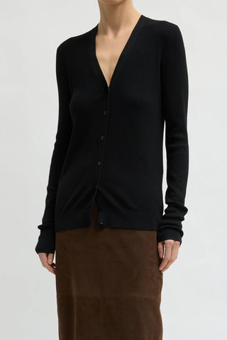 Feather Weight Ribbed Vneck Slim Cardi in Black