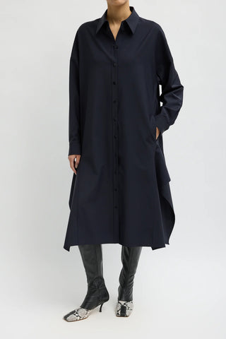 Tropical Wool Shirtdress With Side Drape in Navy