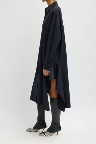 Tropical Wool Shirtdress With Side Drape in Navy