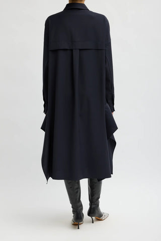 Tropical Wool Shirtdress With Side Drape in Navy