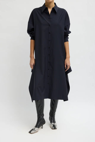 Tropical Wool Shirtdress With Side Drape in Navy