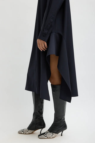 Tropical Wool Shirtdress With Side Drape in Navy