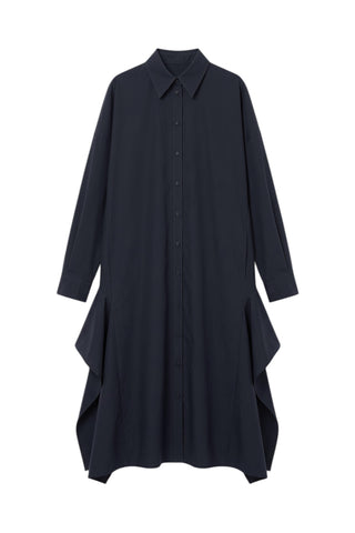 Tropical Wool Shirtdress With Side Drape in Navy