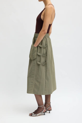 Techy Twill Pull On Midi Skirt in Dark Hazelnut