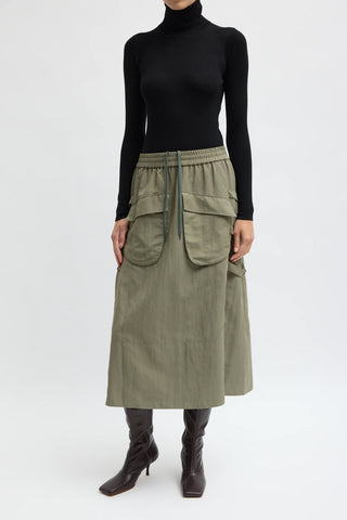 Techy Twill Pull On Midi Skirt in Dark Hazelnut