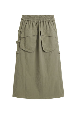 Techy Twill Pull On Midi Skirt in Dark Hazelnut