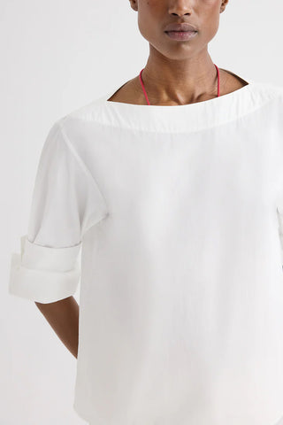 Boat Neck With Double Rolled Sleeves in White
