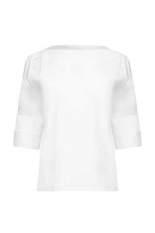 Boat Neck With Double Rolled Sleeves in White