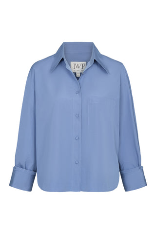 TWP relaxed button-down, features a boxy fit with wide buttoned cuffs and a pointed collar. 
